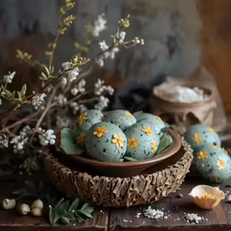decorated eggs sit in a wooden bowl beside some branches and eggs