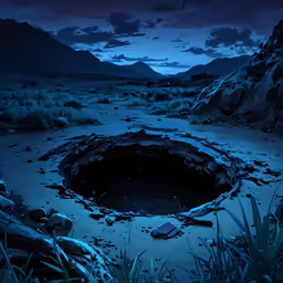 a dark landscape with a hole in the ground