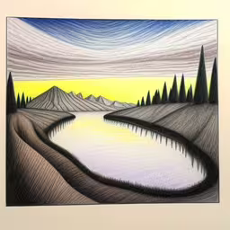 /tmp/FOOzhzM81.jpg = a drawing of water that is surrounded by hills
,/tmp/FOOzhzM81.jpg = a drawing of a body of water near trees and mountains
,/tmp/FOOzhzM81.jpg = a drawing on the wall in front of a mirror
,/tmp/FOOzhzM81.jpg = a colorful illustration of a mountain lake in the evening
,/tmp/FOOzhzM81.jpg = a drawing of a lake, some mountains and hills
,/tmp/FOOzhzM81.jpg = an abstract picture depicting a water scene in grey, yellow and green
,/tmp/FOOzhzM81.jpg = a colorful painting of trees, water and mountain
