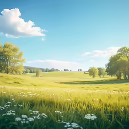 there are many green fields that have flowers in them