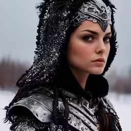 a young woman dressed in armor is standing in the snow