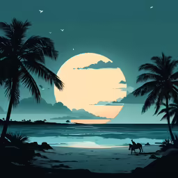 a man on a horse rides along the beach near palm trees under the rising sun