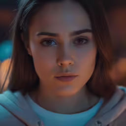 a girl is staring into the distance in a blurry photo