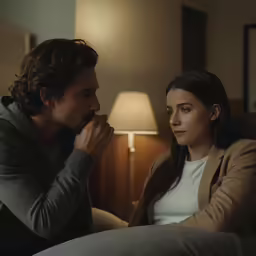 a man and woman sitting on a couch next to a lamp