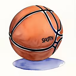 a painting of a basketball that says, sorry,this is an illustration of an orange basketball,a brown basketball on a blue base surrounded by watercolors,a drawing of a basketball with the word sqnty painted on it,a brown and black ball with a white border around it