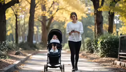 a mother pushing her daughter in the stroller