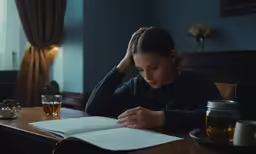 a woman sits at a table reading a book
