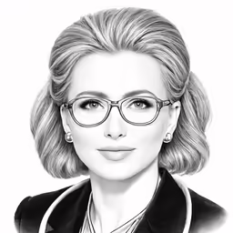 the drawing of a woman with glasses on, the face is drawn by hand