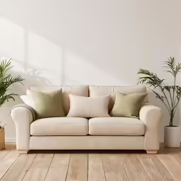 a cream colored couch sitting on a wooden floor