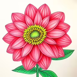 a drawing of a large pink flower with green leaves on top,the pink flower has two petals on it