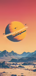an illustration of a flying object with mountains behind it