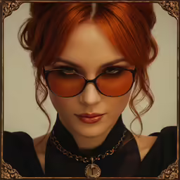 a woman in a gold frame with orange tinted glasses