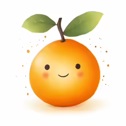 a cartoon orange with two leaves, eyes and a nose