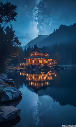 a lake with some buildings and trees on it