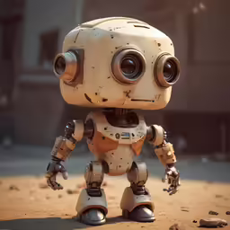 a white robot standing on top of a dirt field