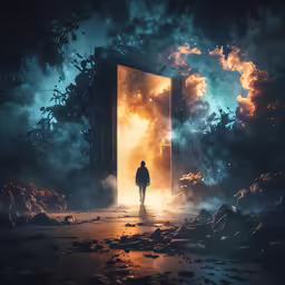 a man is standing in front of a doorway with light pouring through
