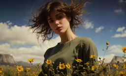 a young girl in a field with wildflowers and a mountain in the background