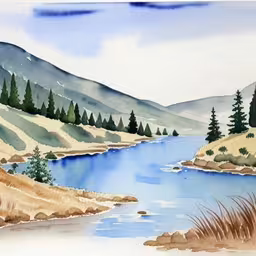 watercolor painting of a mountain lake with pine trees