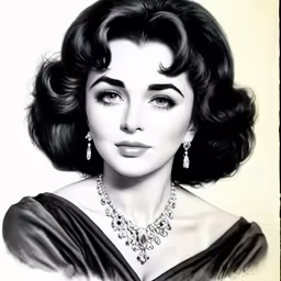 a black and white drawing of a woman in evening wear
