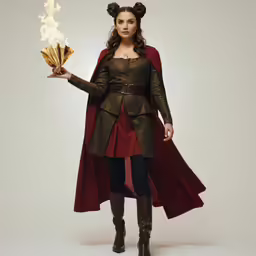 the woman dressed in the costume has a fire in her hand