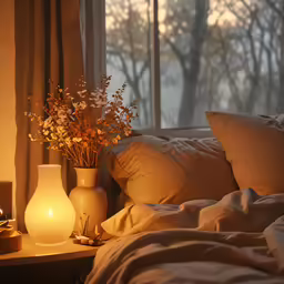 pillows and pillows sit on a bed next to a small table