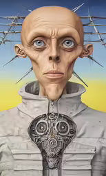 an alien head with wires on the neck and the neck