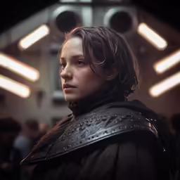 a woman dressed in armor looks up to the side
