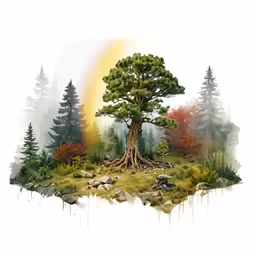 there is a tree on the water shore near rocks