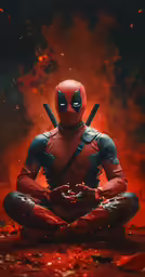 a deadpool sitting in the middle of a meditation pose