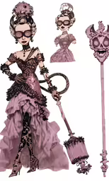 a woman wearing an all - pink dress holds a strange object