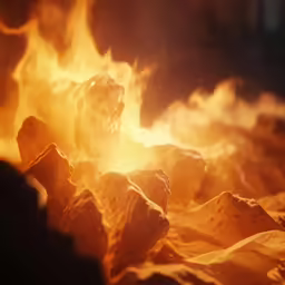 a bunch of rocks are burning on the ground