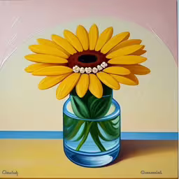 a painting of a sunflower in a glass vase