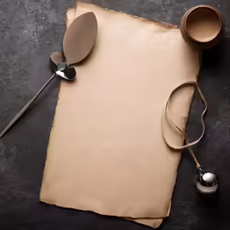 a piece of parchment paper sitting next to two measuring spoons and a roll of tape
