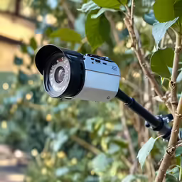 a camera is attached to a tree in the middle of the day