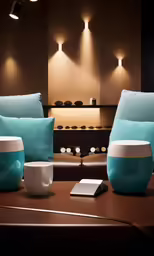 two pillows, three cups and a phone on a table