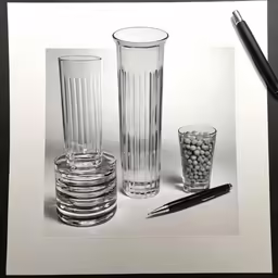 a pencil and some glass vases sitting next to each other