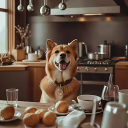 a large dog standing on top of a wooden table