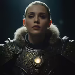 woman in a gold armor in front of a green background
