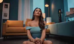 a beautiful young woman sitting on the floor in a blue dress