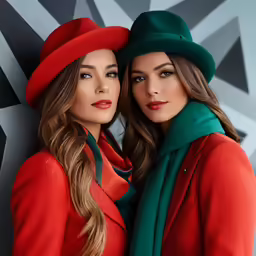two beautiful young women wearing red hats and green scarves