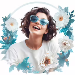 a girl with blue sunglasses smiling and flowers around her