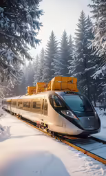 a silver and yellow train traveling down train tracks