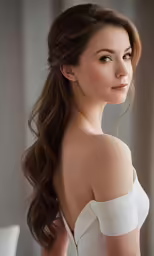 a young lady with long hair in her wedding dress
