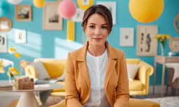 a woman sitting on top of a yellow chair in a room with balloons around