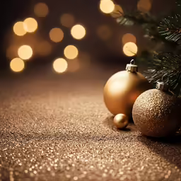 three gold bauble ornaments sitting on a tan surface with lights behind them