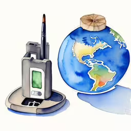 this is the image for the blog,a pencil and ink on paper depicting a blue ball, a pen, and a radio