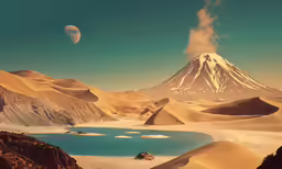 the sky is a deep blue, calm lake with snowy mountain in the background