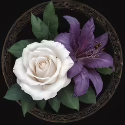 two purple and white flowers on a black background