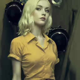 a woman that is standing with some hair dryers