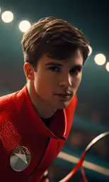 man in a red shirt with a tennis racket